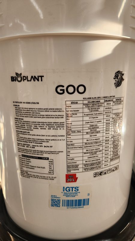 Bioplant GOO gübre çözeltisi 20L etiket detay